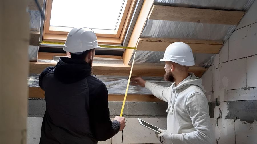 Deux artisans prenant des mesures sur un chantier